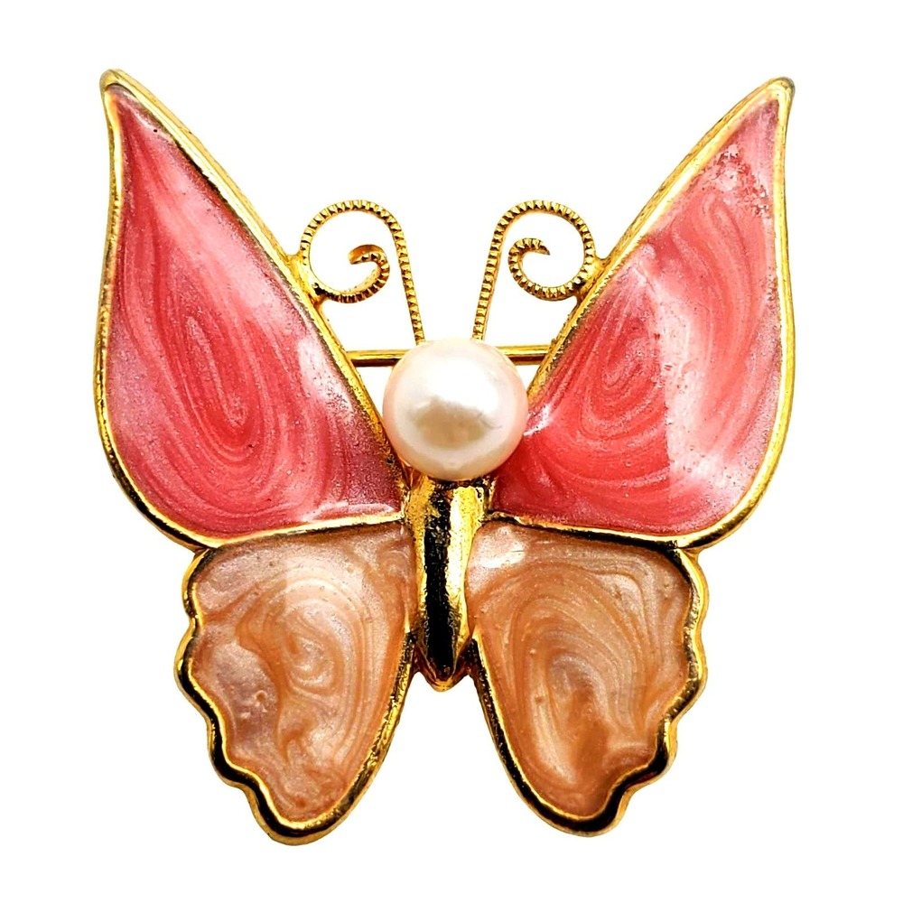 Butterfly Brooch Pink Tan Enamel Faux Pearl Gold Tone Vtg Bug Insect Wings Pin
